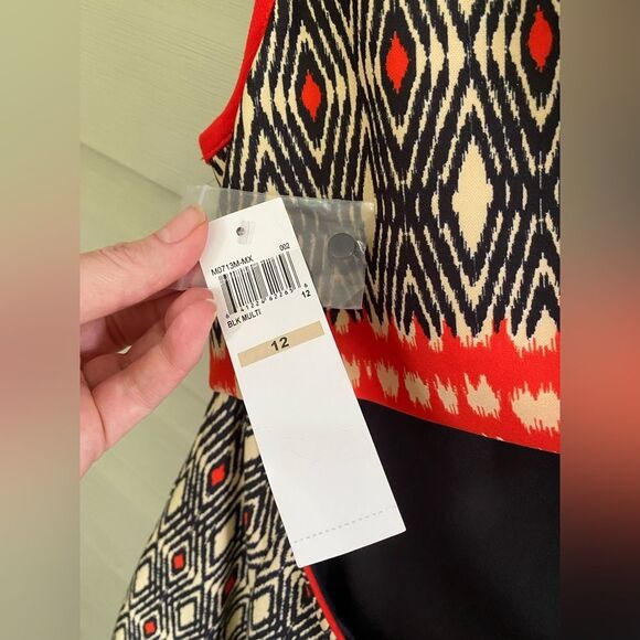 MUSE Geometric Open-Back Sheath Dress black orange Geometric dimond Sz 12 NWT - Picture 4 of 12